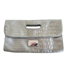 Nine West Platinum Gray Textured Faux Crocodile Clutch Bag
